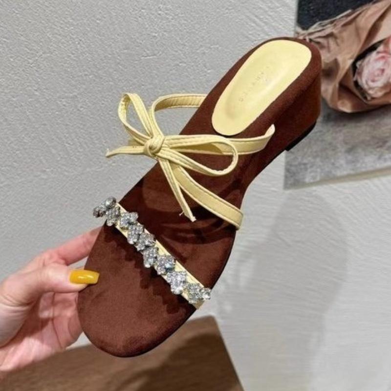 Elegant Butterfly Knot Slope Heel Women's Summer Outdoor Wear 2025 New French Style Square Head Open Toe High Heels Slides