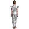 Girls Metallic Gloss Alien Cosplay Jumpsuit Ruffled Flying Sleeve Patchwork Back Invisible Zipper Leotard