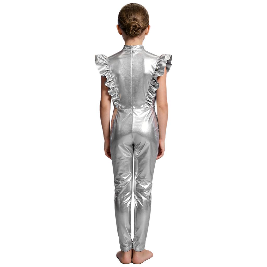 Girls Metallic Gloss Alien Cosplay Jumpsuit Ruffled Flying Sleeve Patchwork Back Invisible Zipper Leotard