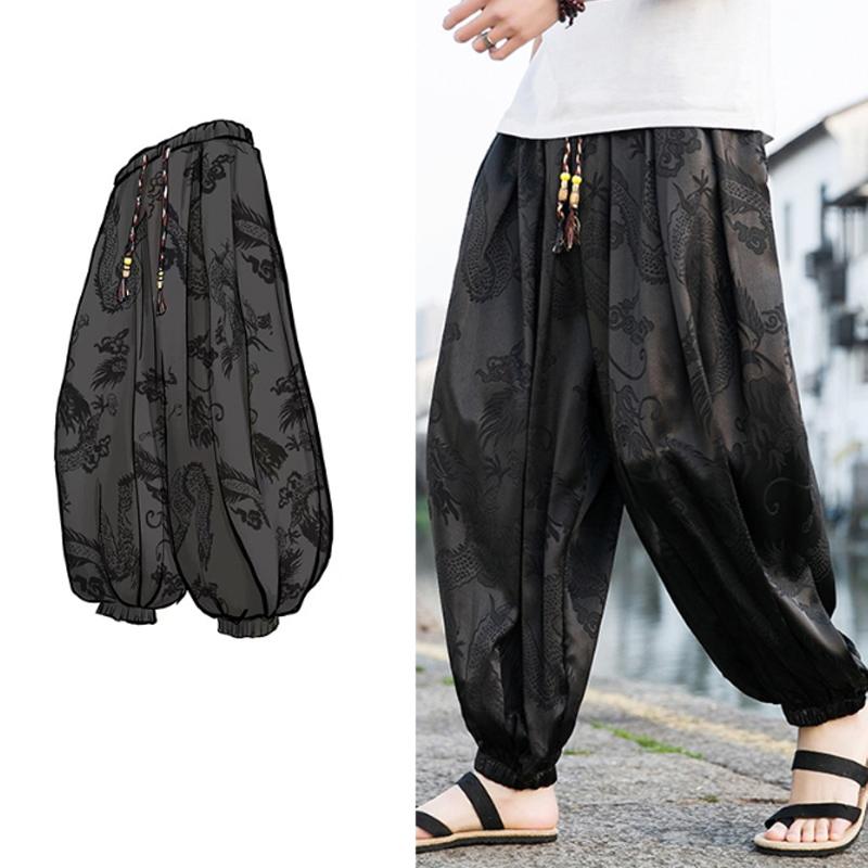 

Новые женские брюки-капри из ледяного шелка большого размера с узором дракона, свободные пляжные брюки 5XL чёрный