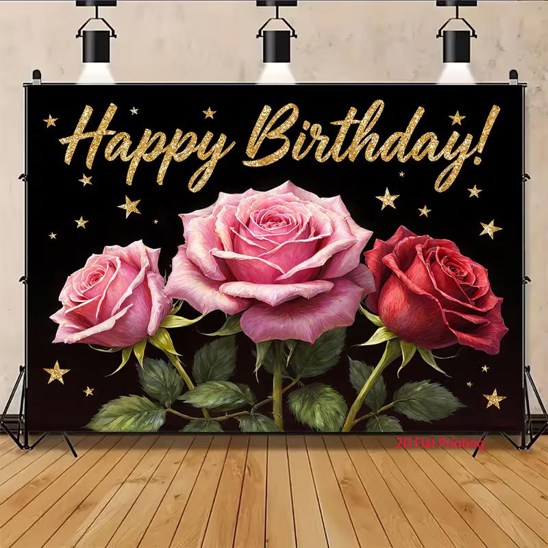 2D Pink Red Rose Happy Birthday Backdrop Black Gold Star Party Background