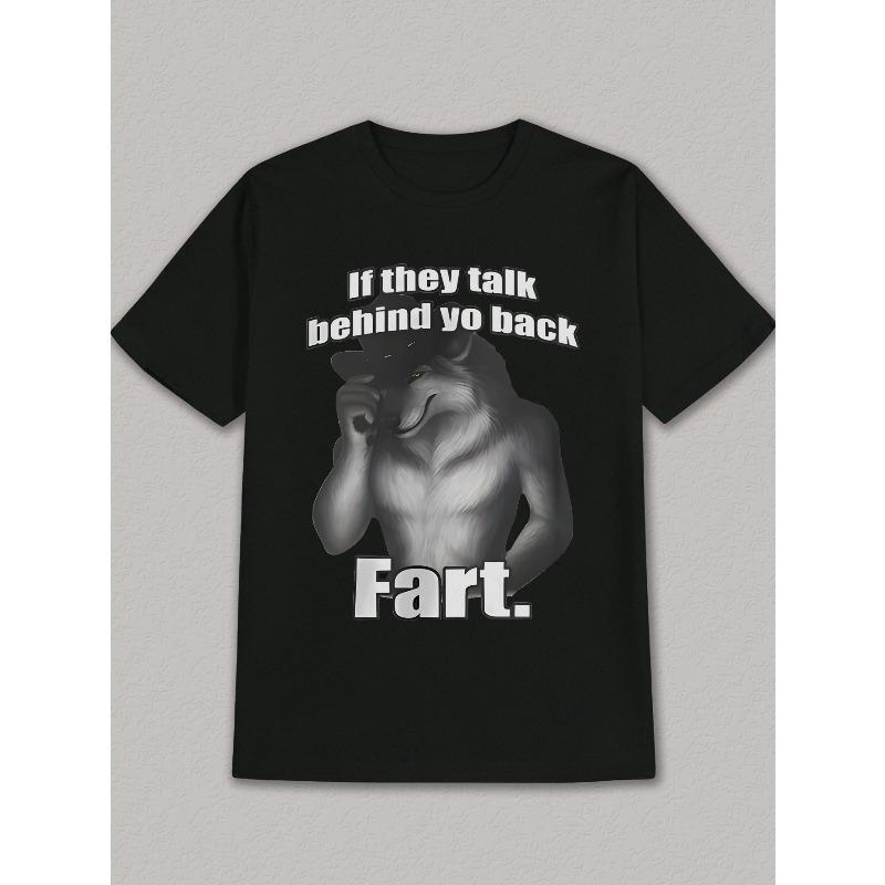 Europäische Größen Humorvolles Schwarzes Herren-T-Shirt mit Wolfsgrafik - "Wenn sie hinter deinem Rücken reden, lass einen fahren" Zitat, Kurzarm, Polyester, Lässige Sommerkleidung