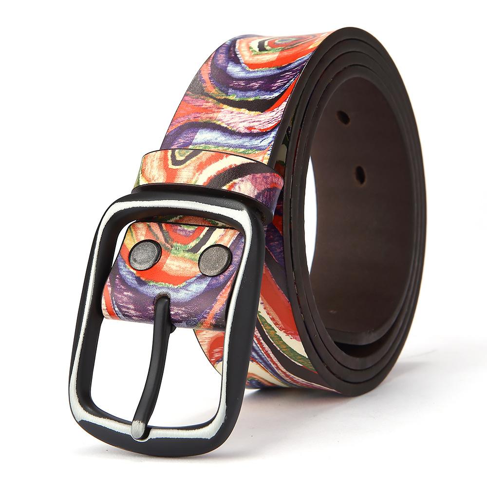 Pure Cowhide Printed Belt, Rainbow Graffiti Genuine Leather Personality European and American Decorative Belt