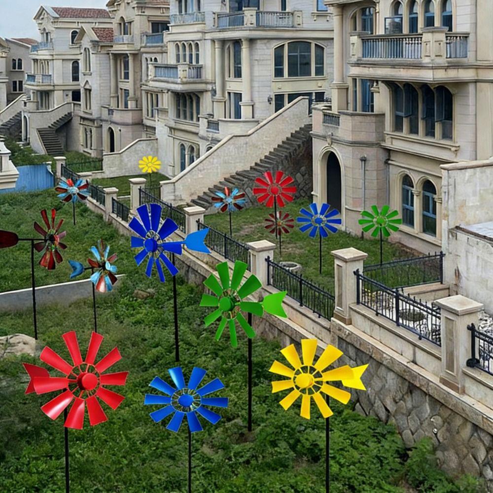 High Quality 24*73Cm Wrought Iron Metal Rotating Windmill 8 Colors Metal Wind Spinner Lawn Pinwheel Decor Supplies