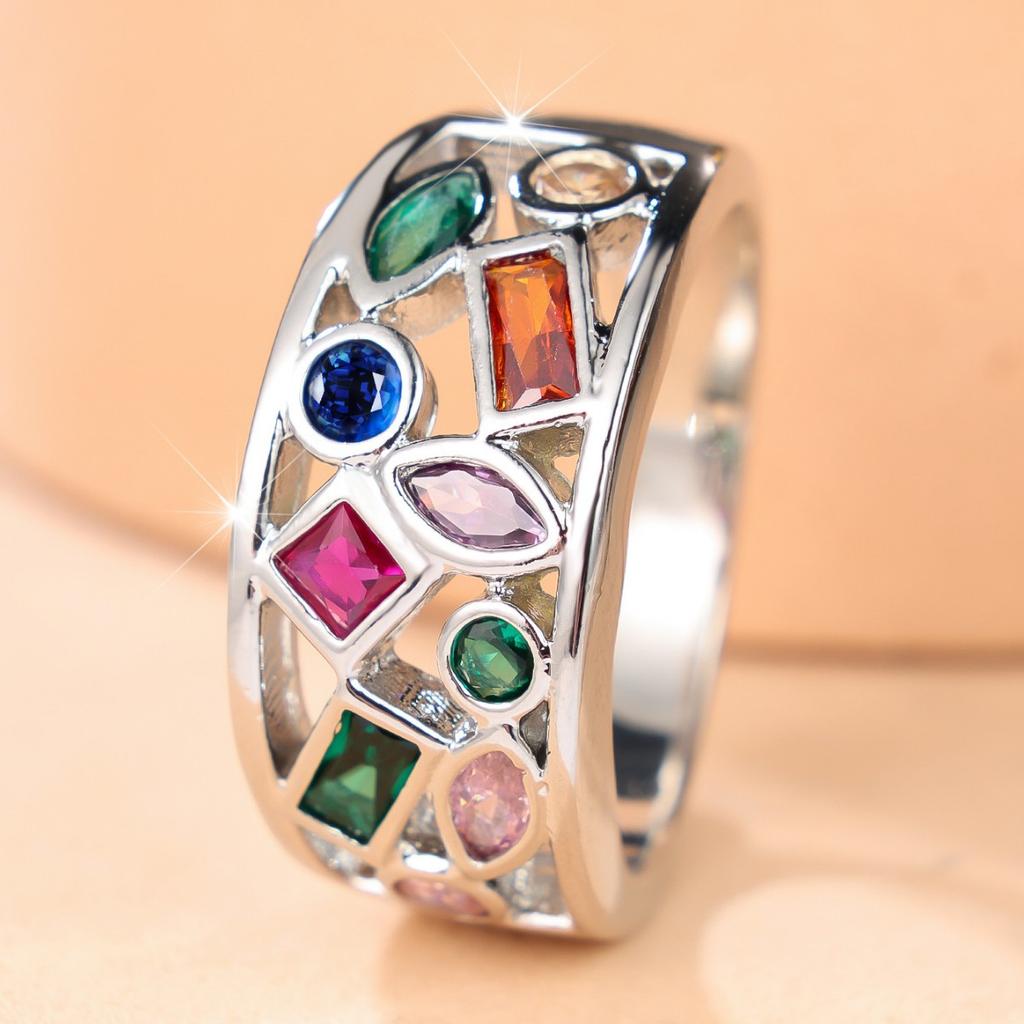 Niche design, multi-colored zirconia wide band ring Hollow-out rainbow diamond ring