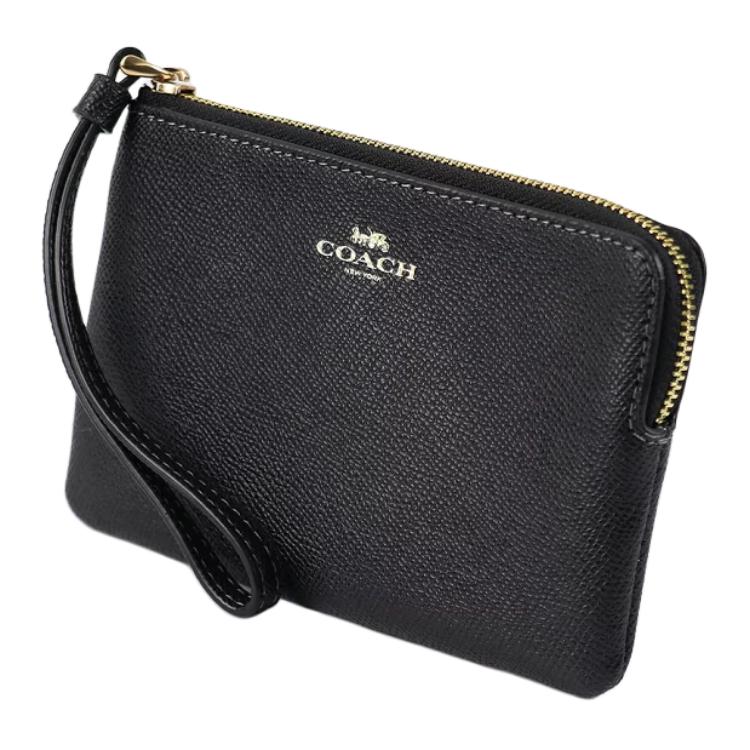 Coach Corner Zip 16 Metal Logo Zip Closure Faux Leather Wristlet Women Wristlet Black CV396-IMBLK