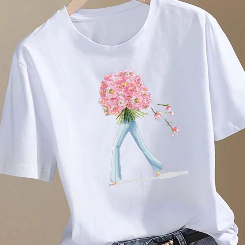 (Rozmiar azjatycki) Moda damska Print Kobiecy słodki kwiatowy lata 90. Ubrania Koszulka T-shirt Top Kobieta Krótki rękaw Graficzne koszulki