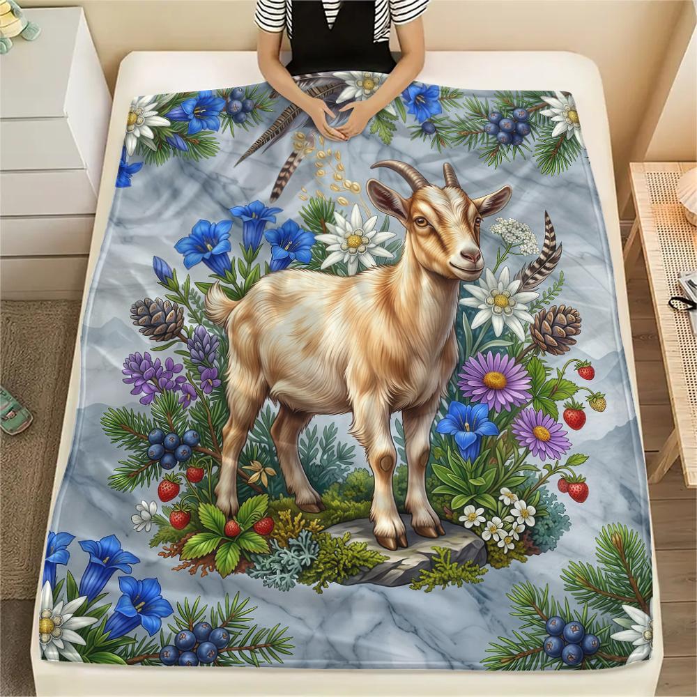 Flower Border Goat Hedgehog Print Flannel Blanket High Quality Comfortable for All Seasons Home Decor Warmth and Comfort Perfect for Christmas Gifts