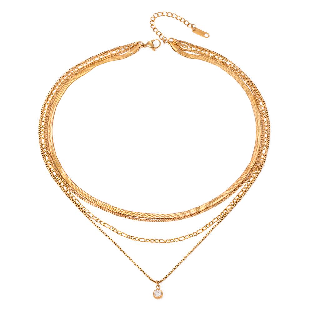 European & American Influencer Fashion Necklace: 18K Gold Stainless Steel Four-Layer Chain with Diamond Pendant.