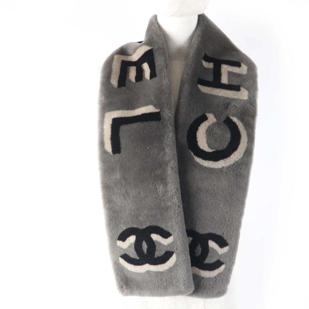Chanel Shawl COCO Mark Logo Design Tippet Gray Mouton Women 20B AA7074 Used