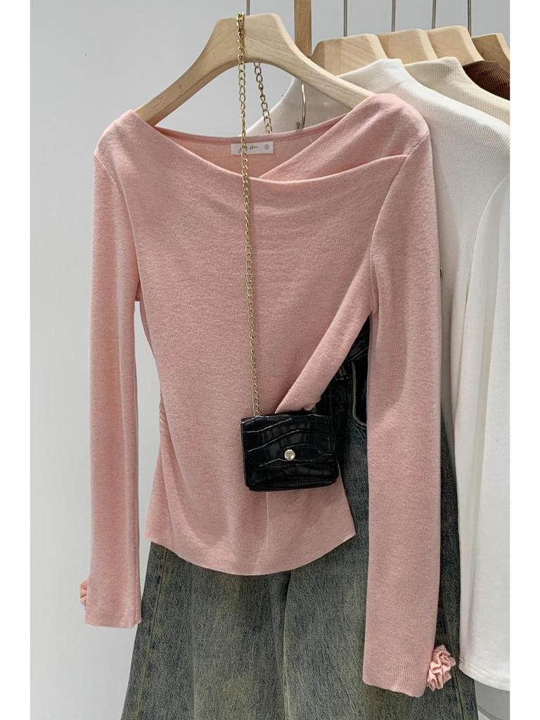 Korean Style Pink Draping Collar Knit Top for Women - Autumn/Winter 2025 New Arrival