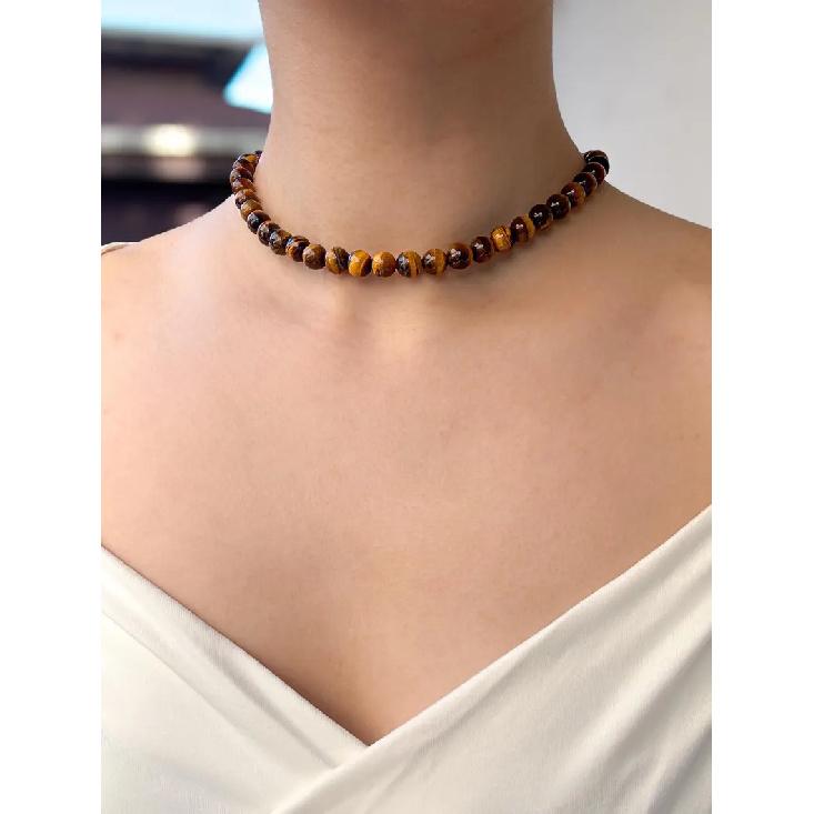 New European and American style Shoushan stone natural stone beaded necklace, vintage tiger's eye stone necklace, bohemian-style clavicle chain for
