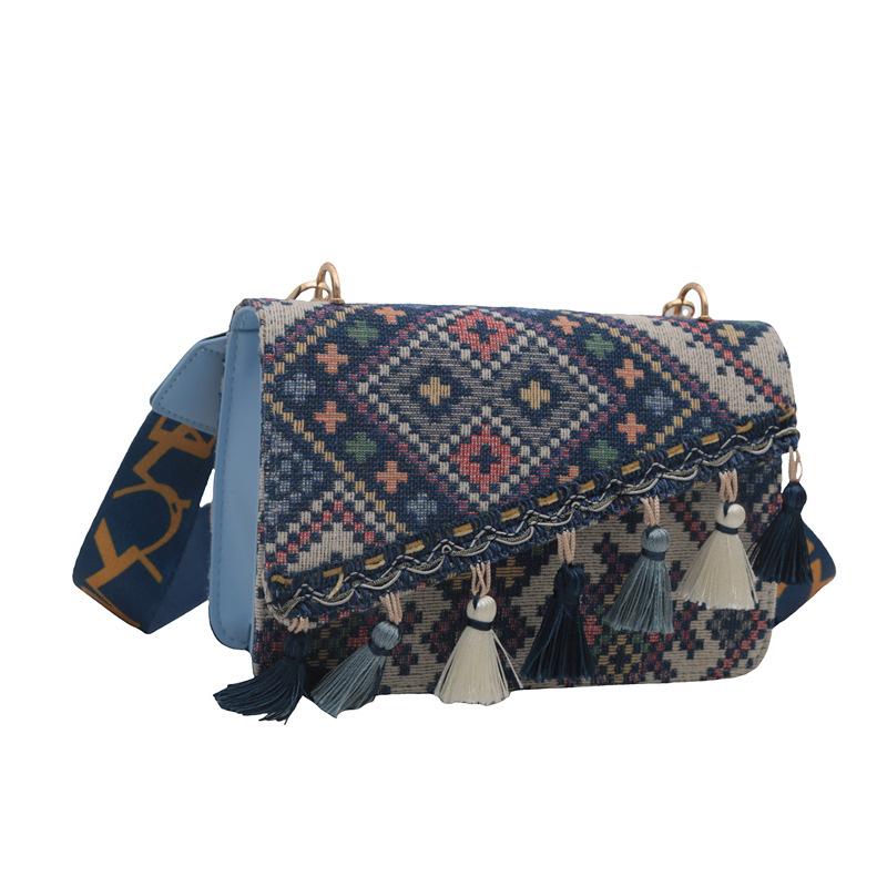 Autumn and Winter New Retro Knitted Fringed Wide Shoulder Strap Messenger Bag Bag Foreign Style Chinese Style Rhombus Ethnic Style Envelope Bag