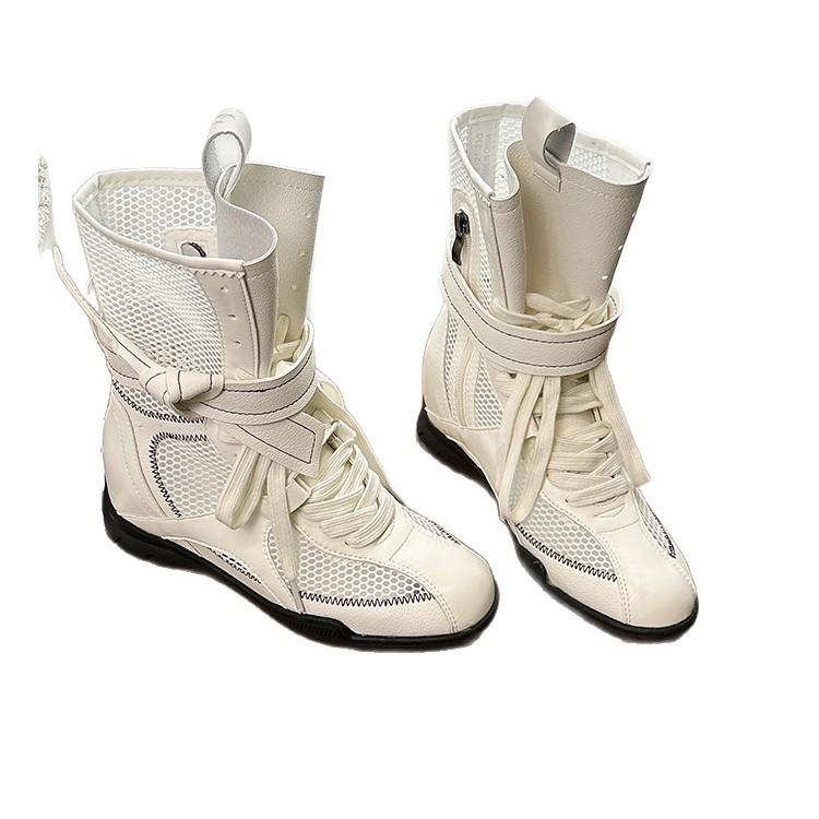 2025 New Hollow Breathable Short Boots Martin Boots Women's Retro Round Head Lace-up Inner Height-increasing Boxing Boots Medium Boots