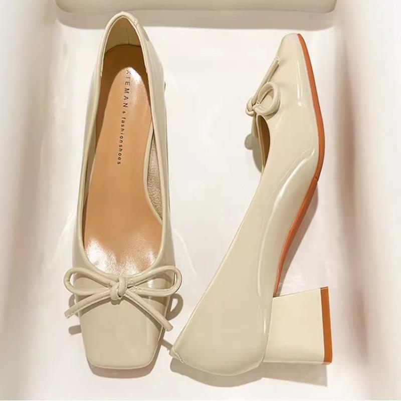 

French Black Patent Leather Bow Square Toe Single Shoes Women s 2026 New Spring Career Work Block Heel Pump Shoes 35 бежевый