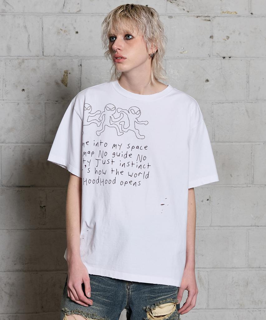 HOODHOOD Three Alien Damaged Short Sleeve T-Shirt White Ver. 2