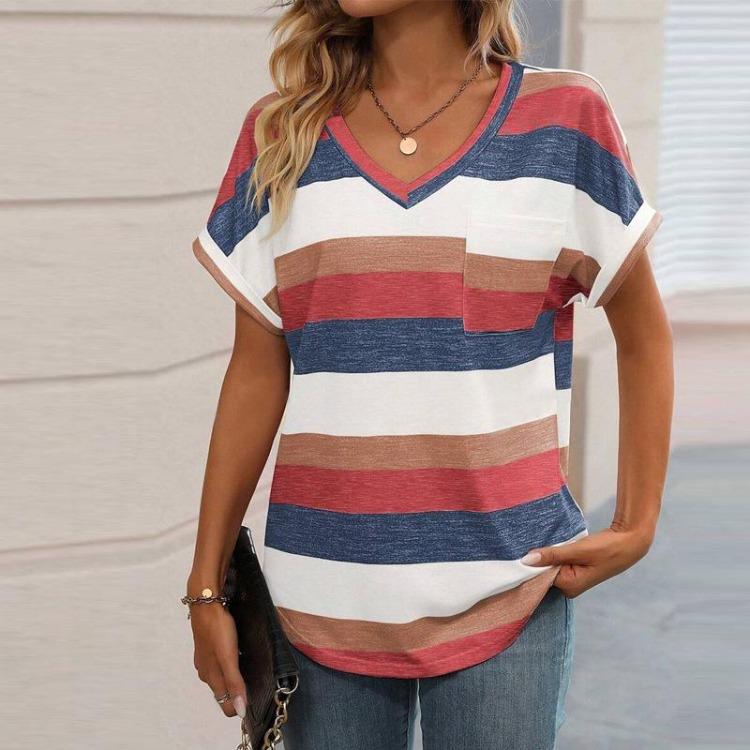 Women Cross Border Fashion T Shirt European American Striped V Neck Bat Sleeve New Spring Summer Collection