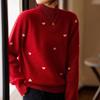 Women's Loose Red 100% Wool Heart Pattern Long Sleeve Knit Pullover