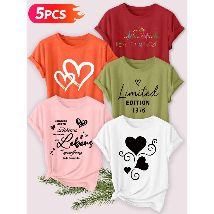 Five-piece set Elegant short-sleeved shirt for women Heart-shaped German series printed round-neck women's short-sleeve shirt suitable for spring and