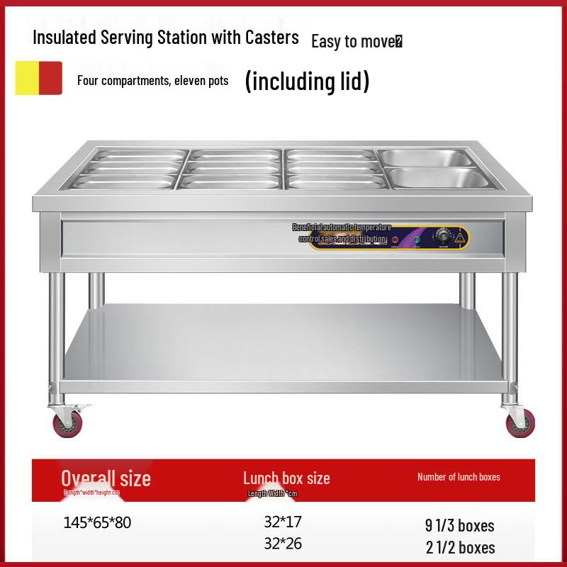 Stainless Steel Mobile Food Warming Table with Casters - Insulated Hot Dish Serving Cart