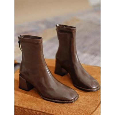 Giant Comfort Niche Square Head Extraordinary British Middle Heel Short Boots Brown Thick Heel Skinny Boots Women's Bullet