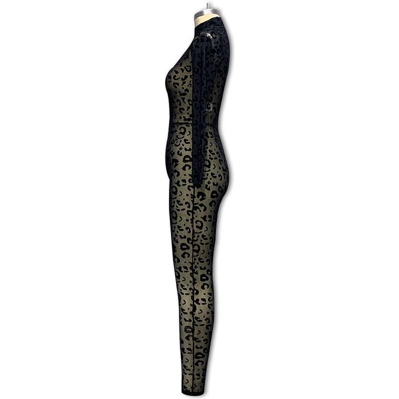 Tooxika Nový dámský overal Slim Fit s dlouhým rukávem Sexy Flocking Průsvitný zeštíhlující overal