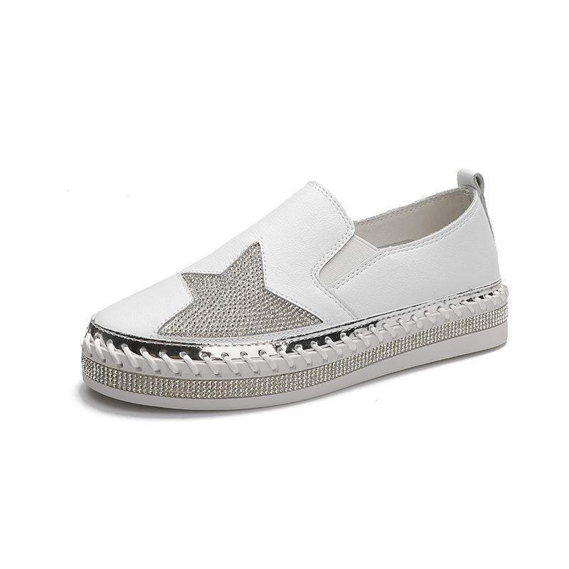 Fashion Women Platform Flats shoes Casual female Genuine Leather Walking flats Loafers for women White crystal Comfort Vacation shoes