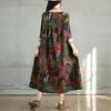 New Vintage Cotton and Linen Print Round Neck Long Sleeve Dress Female Loose Large Size