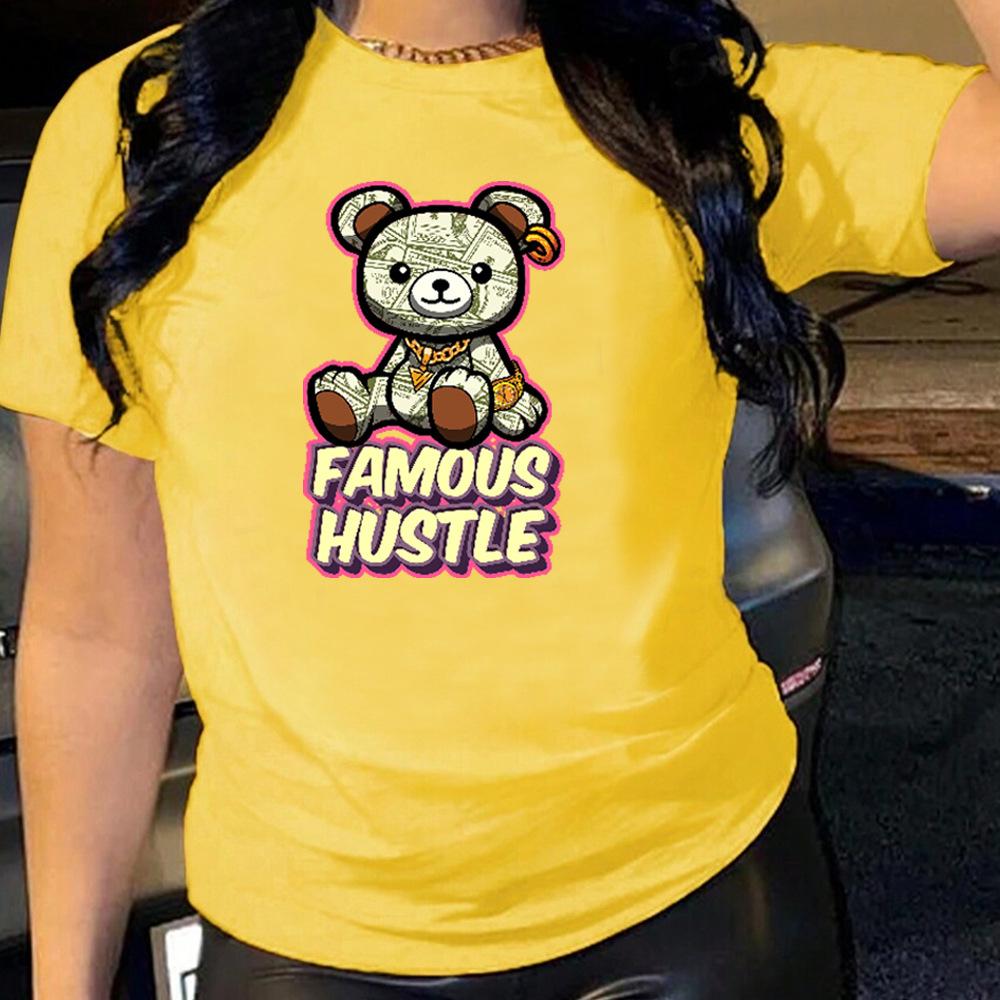Famous Hustle Cotton T-Shirt Short Sleeve Round Neck Women 2d Print Tops