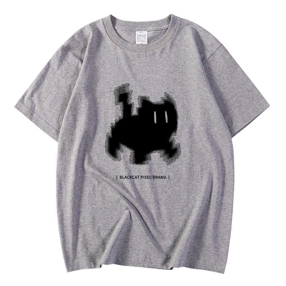 Koreanische Mode Damen T-Shirts Schwarze Katze Pixel Cartoons Druck Tops Bequem Weich O-Ausschnitt Locker Kurzarm Damenkleidung