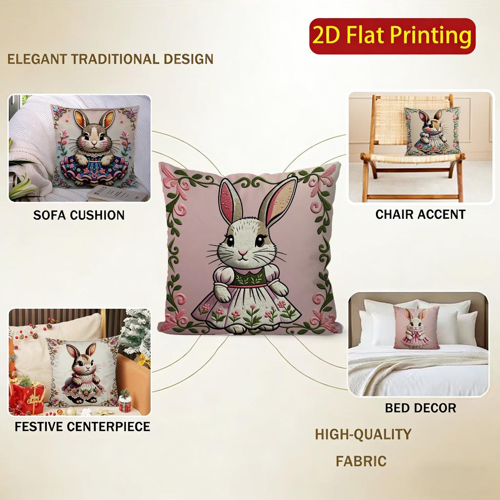 2D Cute Bunny-Patterned Decorative Throw Pillow Covers Pattern Cushion Cover Suitable For Sofa Bedroom Car Pillow Cover