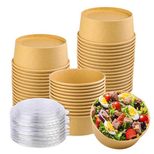 Huaiid 50-Pack 25oz Kraft Paper Bowls with Lids, Paper Salad Bowls, Disposable Food Containers for Parties, Salads, Soup, and Ice Cream