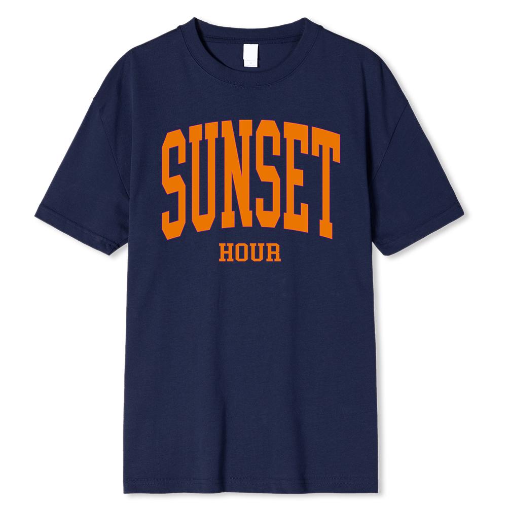Sonnenuntergangsstunde Orange Einfache Kunst Wortdruck Herren T-Shirts Mode O-Ausschnitt Kleidung Street T-Shirt Tee Kleidung
