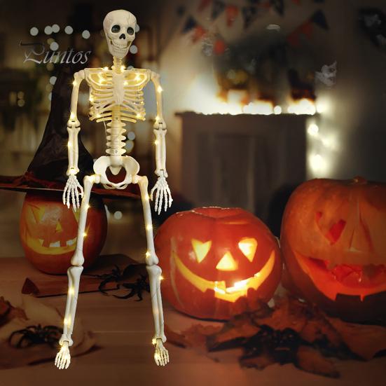 Cemetery Themed Landscaping 36 Inches LED Light Up Halloween Skeleton, 3FT Life Size Full Body Posable Skeleton Plastic Human Bones with Movable