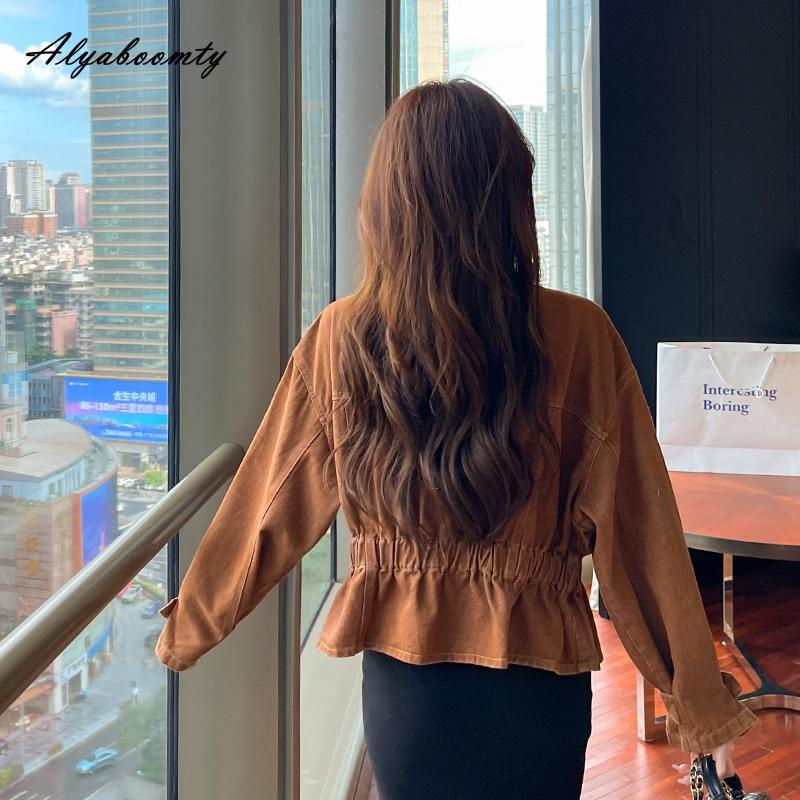 Korean Fashion Spring Autumn Women Brown Denim Jacket V Neck Beading Loose Basic Coat Long Sleeve Stylish Feminine Ladies' Outerwear