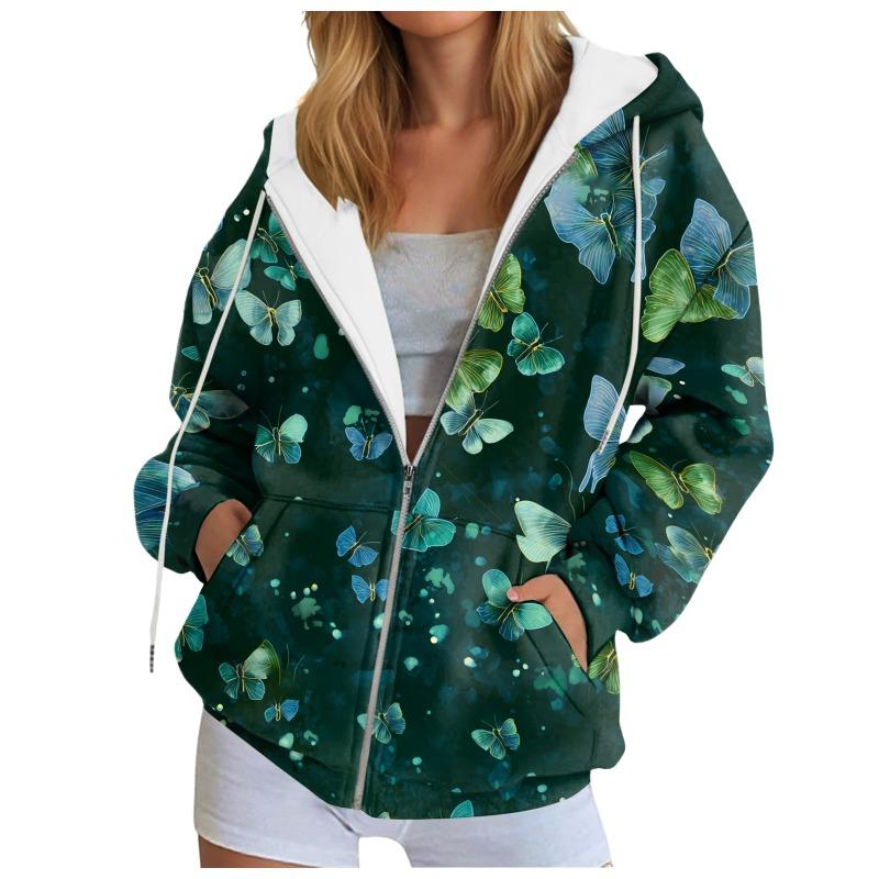 Graphic Stylish Print Women'S Hooded Sweatshirt Oversized Zipper Cardigan With Pocket Trendy Long-Sleeve Casual Hoodie Jacket