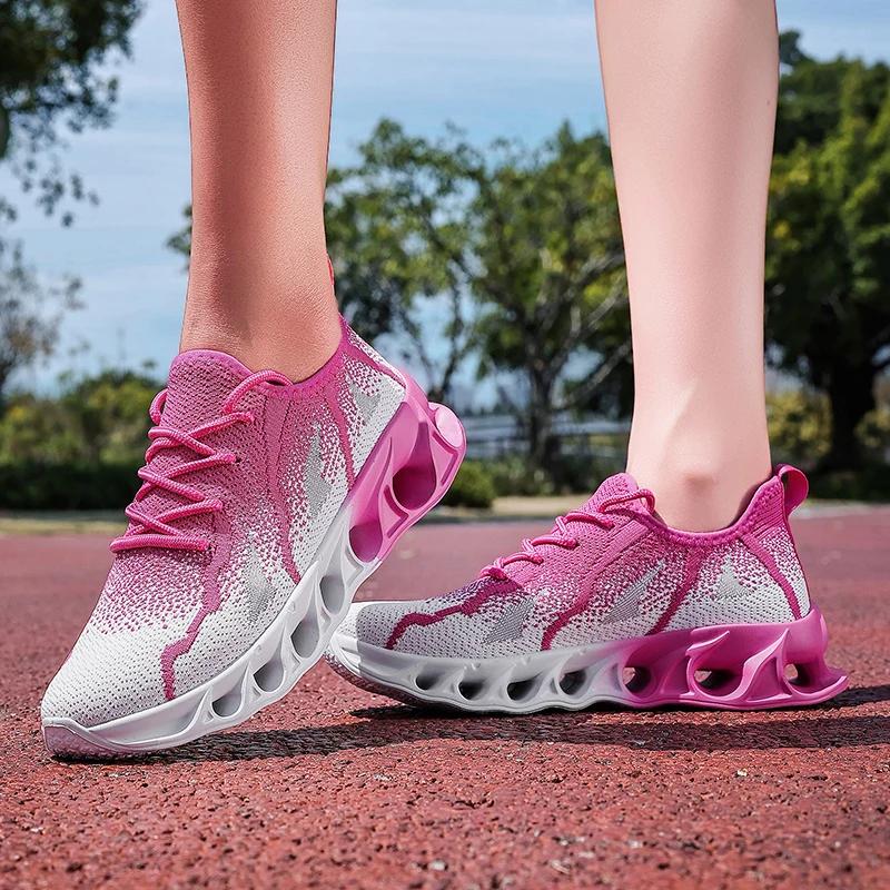 Tênis de Corrida Roxo Verão Mulheres Homens Tênis de Tricô Respirável Leve Tênis Masculinos Outdoor Casual Plataforma Sapatos Esportivos