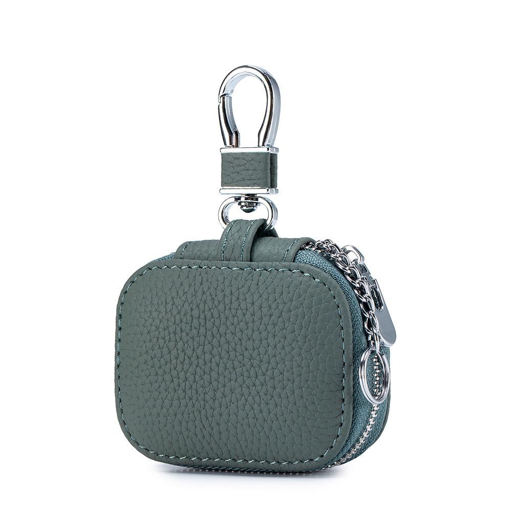 Estuche protector de cuero genuino de color sólido con cremallera cuadrada pequeña para auriculares y llaves Estuche protector de cuero de vaca Estuche para auriculares Bluetooth