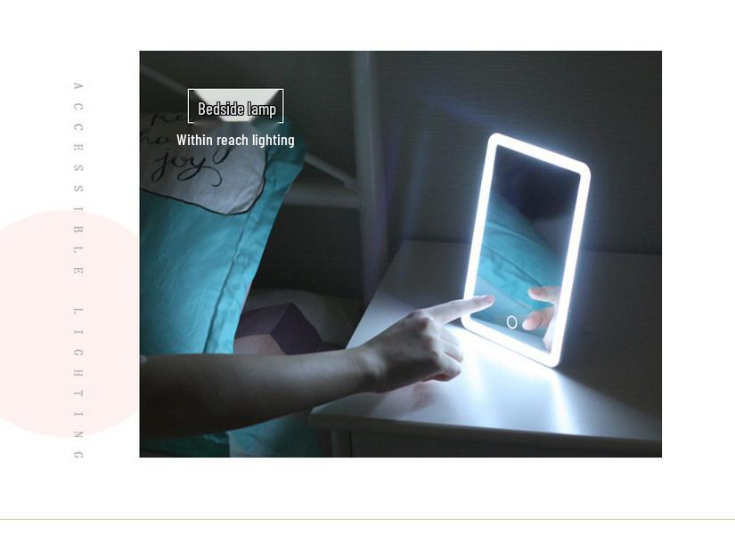Peach LED Makeup Mirror with Intelligent Touch Dimming, HD Lighting, and Rechargeable Function.
