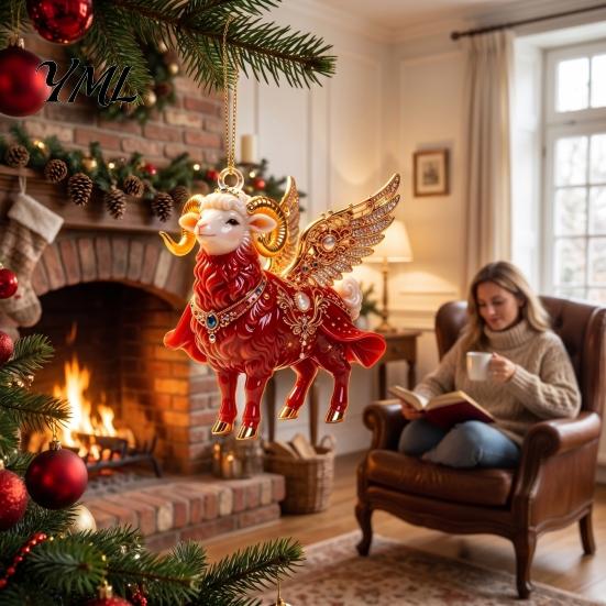 Holiday Party Ornaments Christmas Acrylic Goat Ornament, Sheep Hanging Decoration for Xmas Tree, Shaped Ornament 2D Flat Animal Pendant Festive Decor