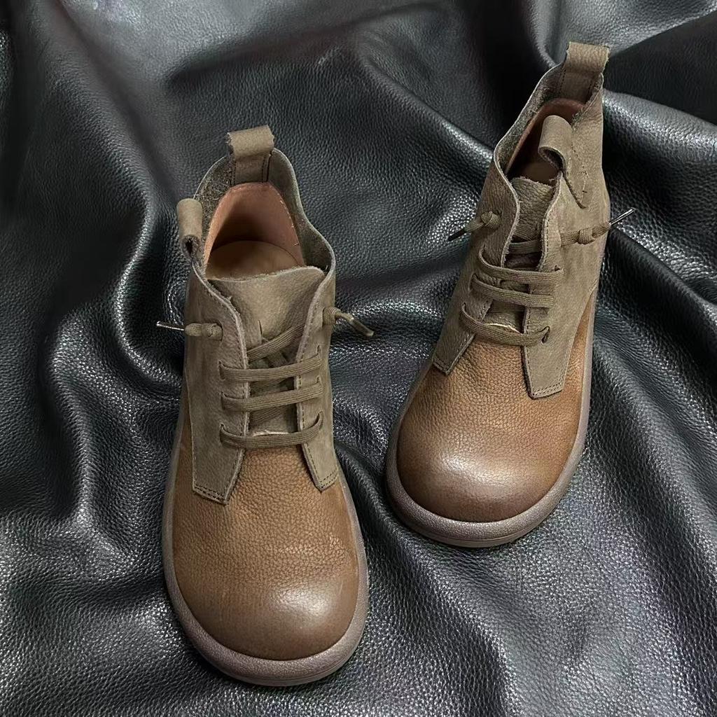 Ankle Boots Platform Women Genuine Leather Cross-tied Lace Sewing Female Autumn Shoes Handmade Round Toe Women Boots
