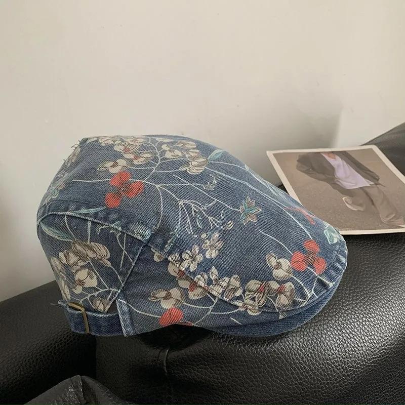 WTEMPO Retro Simple Casual Floral Printed Denim Berets Women All Match Ethnic Style Solid Color Cotton Kepi Hats