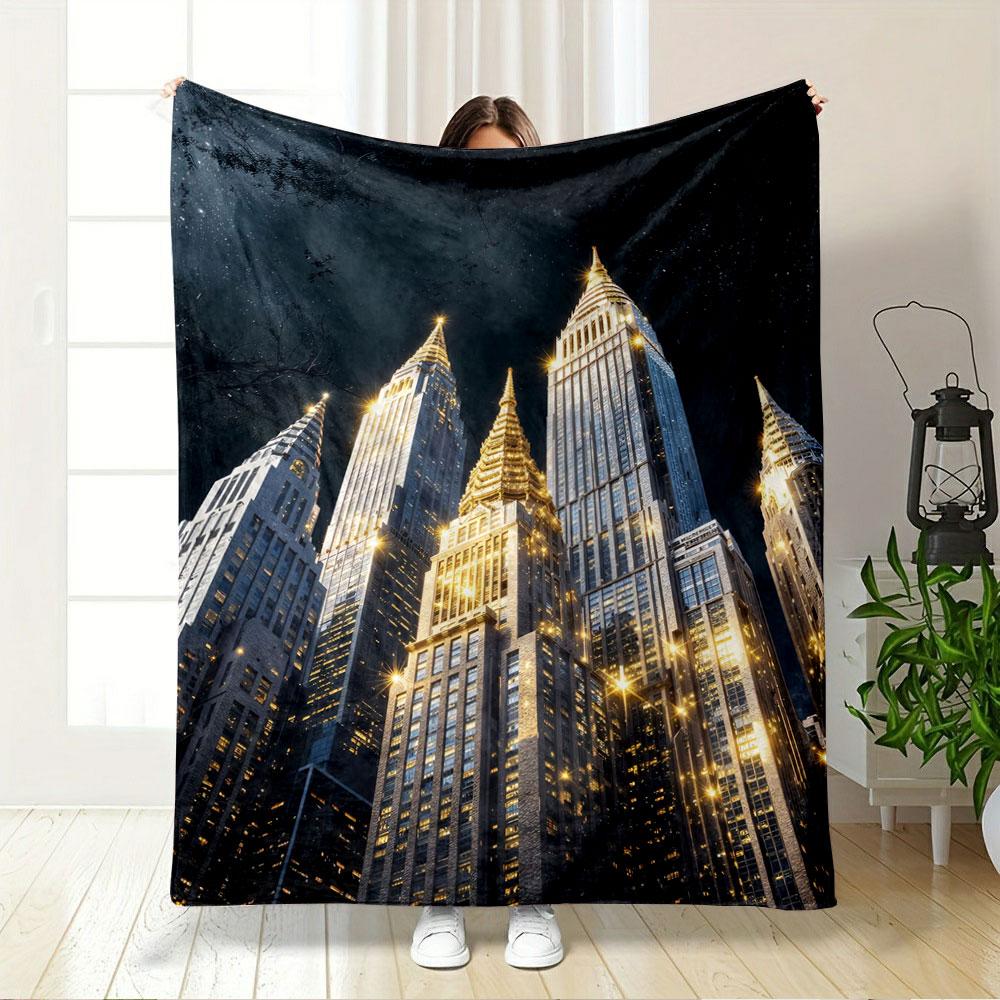 Illuminated Skyscrapers with Golden Spires Against a Starry Night Sky. for All Seasons Blanket Lunch Break Throw Gift