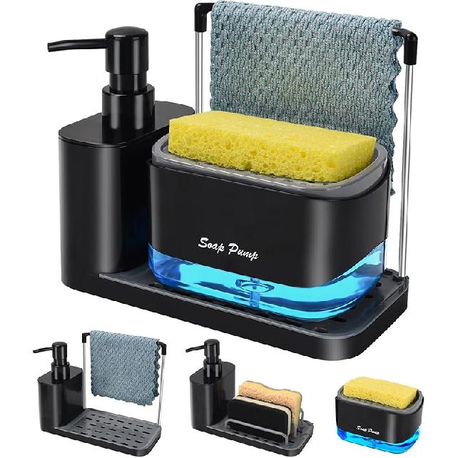 Hand and Dish Soap Dispenser Set with Tray, Dual Soap Dispenser with Sponge Holder and Dishcloth Holder 5-in-1 Organizer for Kitchen Sink Countertop