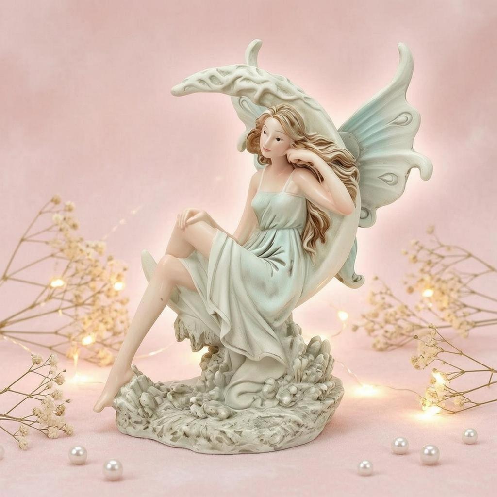 Figurina Incantatrice Luna Verde Pallido e Curva Ornamento Fatato Resina