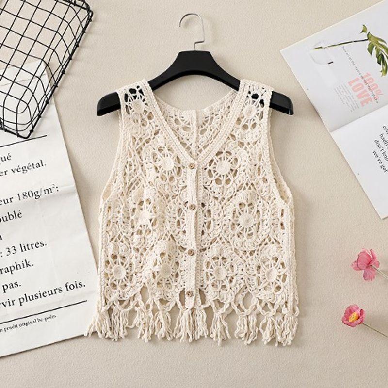 Korean Style Summer New V-neck Small Crochet Hollow Tassel Vest Knit Vest Waistcoat Short Cardigan Women
