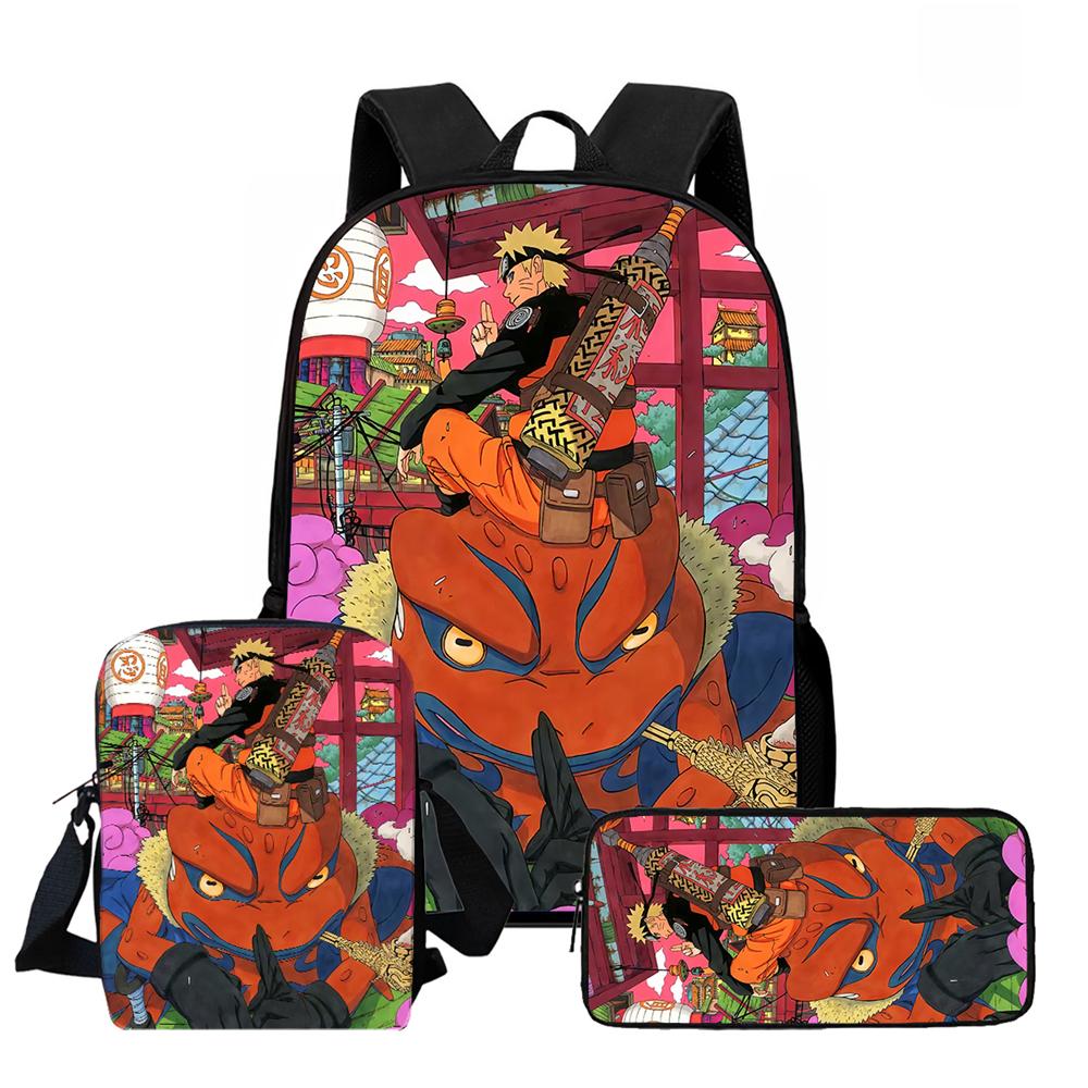 3Pcs Set Kids Backpack with Crossbody Bag & Pencil Bag, Cartoon NARUTO Lightweight School Bag for Boys & Girls Aged 5-9