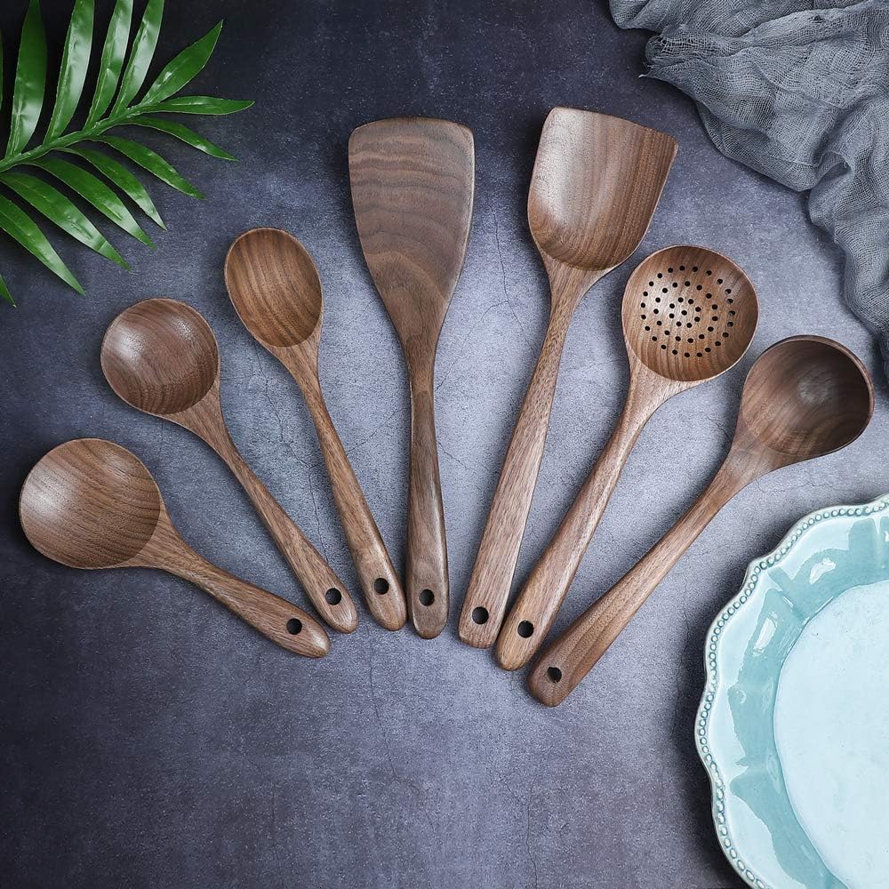 Wooden Kitchen Cooking Utensil Set,Wooden Soup Ladle,Walnut Wooden Spoons Spatula for Cooking 7pcs