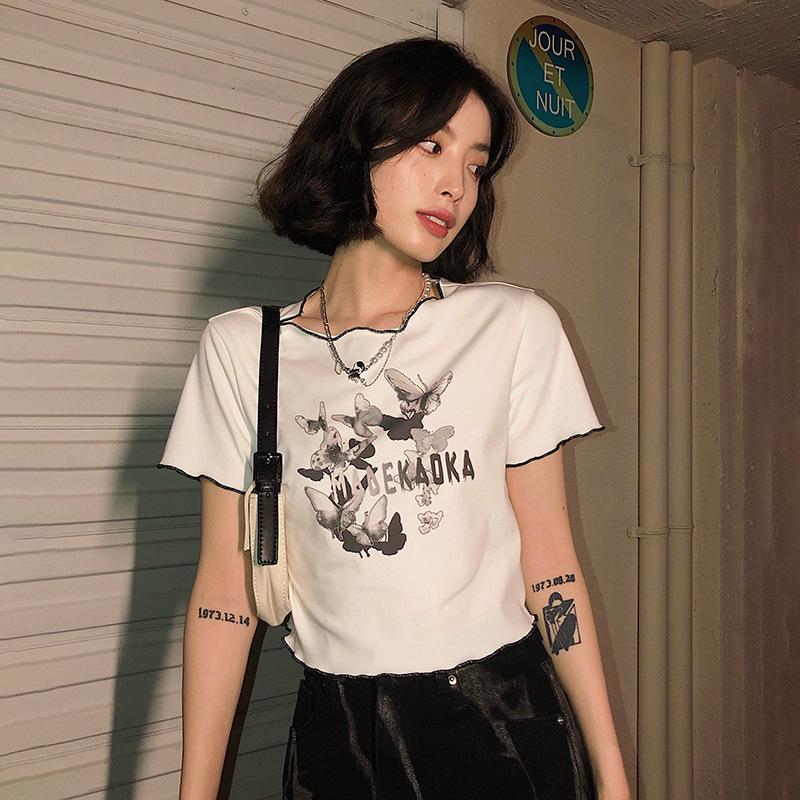 

Белая короткая футболка для женщин, летняя, новая, корейская, свободная, с принтом бабочек, с короткими рукавами, студенческая футболка XL