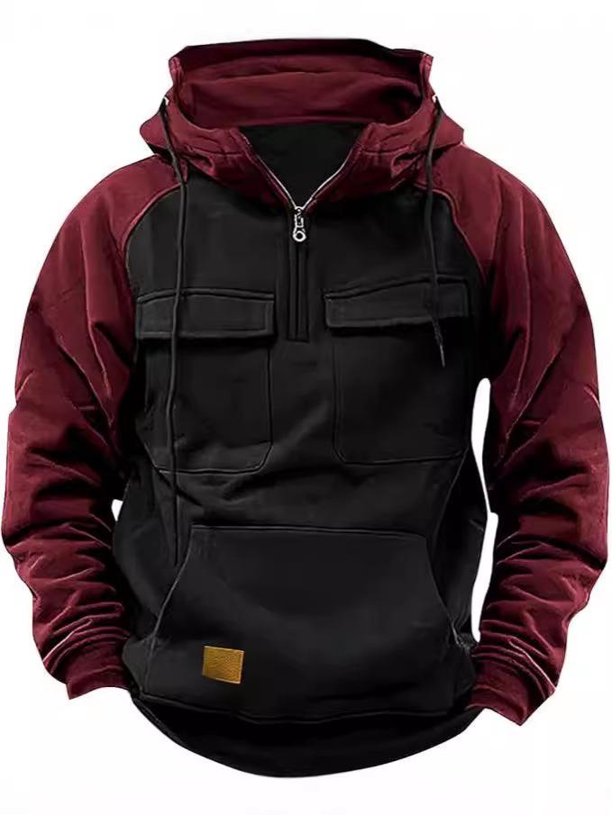 European-American Raglan Sleeve Half-Zip Men's Multi-Pocket Workwear Hoodie
